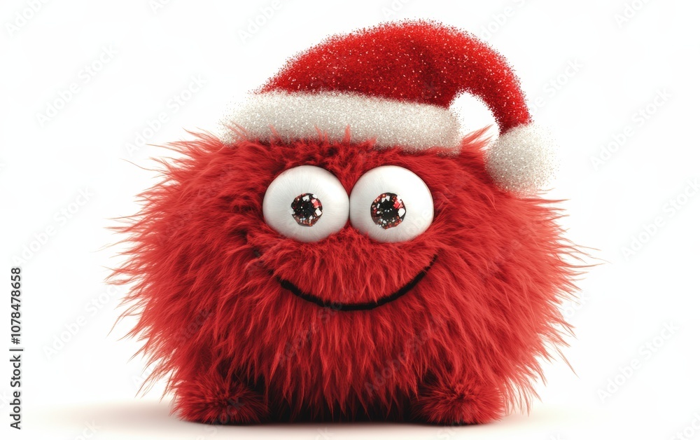 Festive Fluffy Monster with Christmas Hat: A lovable, round holiday monster with plush red fur, sparkling eyes, a jolly expression, and a Santa hat thats a bit too big Festive Fluffy Monster with Christmas Hat: A lovable, round holiday monster with plush red fur, sparkling eyes, a jolly expression, and a Santa hat thats a bit too big