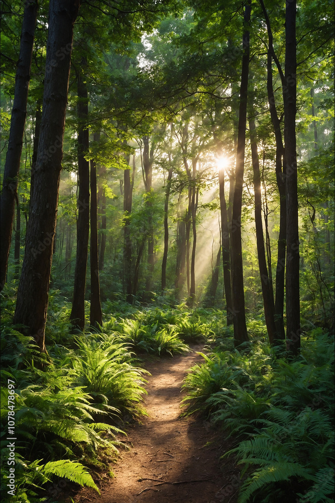 Fototapeta premium Lush green forest path with sunlight streaming through tall trees