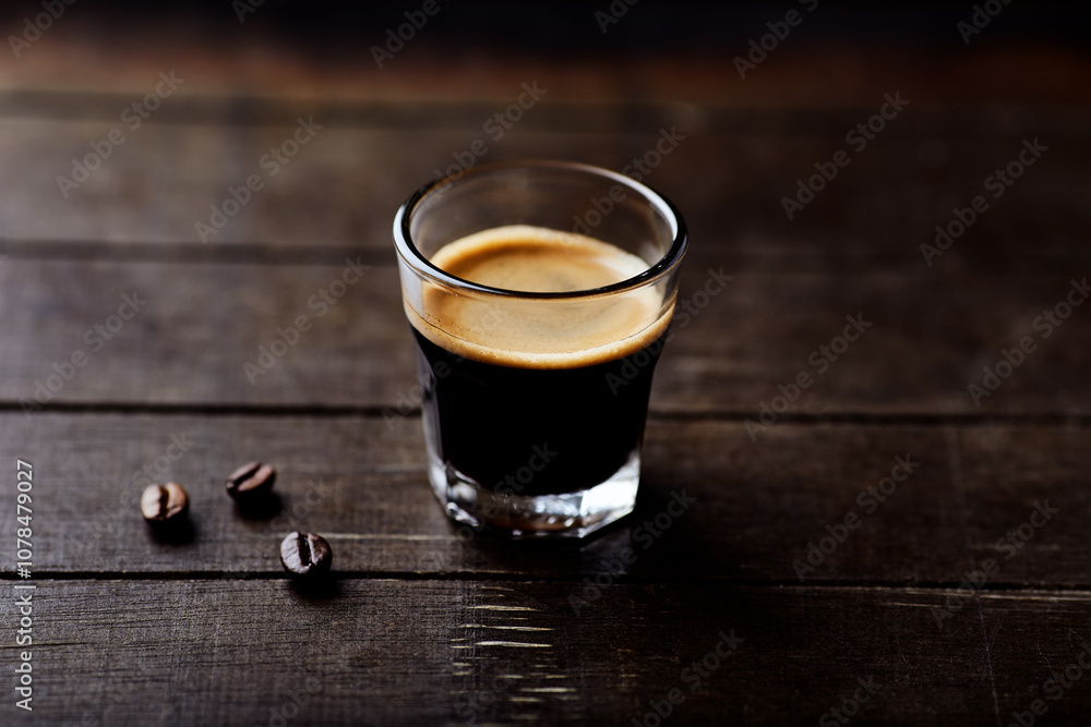 Coffee in glass cup on dark background. Close up. Copy space. Coffee in glass cup on dark background. Close up. Copy space.