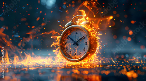 Wallpaper Mural Running after time, alarm clock burning in fire, exploding rush hour, deadline pressure, urgency Torontodigital.ca