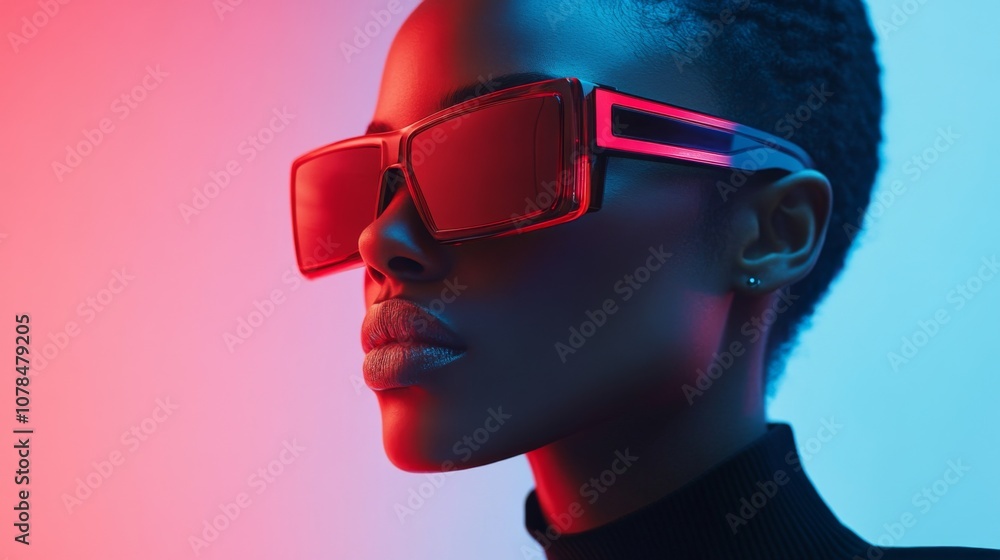 Stylish woman in neon red and blue lighting with glasses Stylish woman in neon red and blue lighting with glasses
