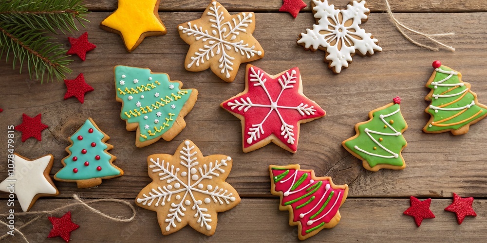 Colorful and Festive Christmas Cookies Arranged on a Rustic Wooden Background, Perfect for Holiday Celebrations and Seasonal Baking Inspiration Colorful and Festive Christmas Cookies Arranged on a Rustic Wooden Background, Perfect for Holiday Celebrations and Seasonal Baking Inspiration