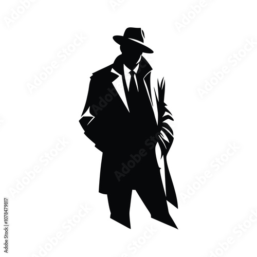 A man in a black coat and hat. He is wearing a tie. He is standing in front of a white background