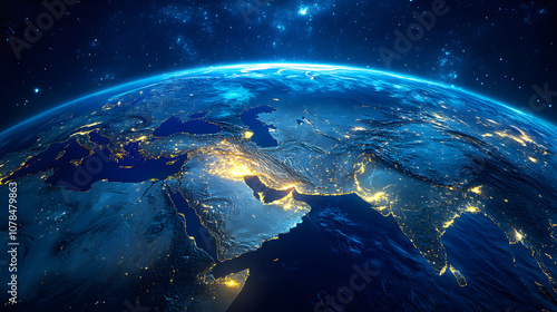 Satellite view of Earth globe from space, lights by night, Saudi Arabia India abstract digital map