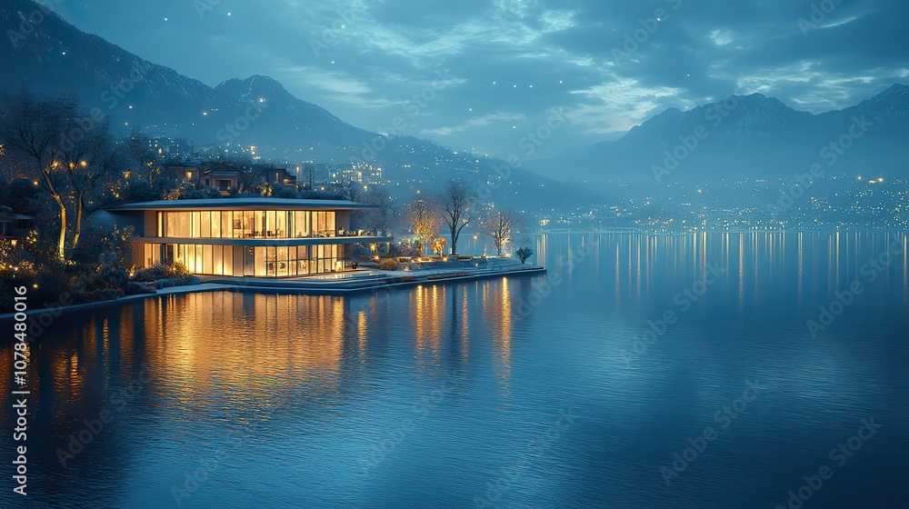 water surface with building at night 3d rendering water surface with building at night 3d rendering