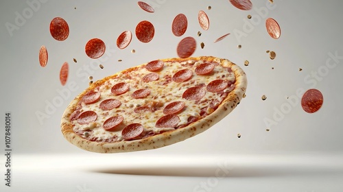 An image of a slice of Italian pepperoni pizza falling against a white background, with the toppings and cheese appearing to hover mid-air. photo