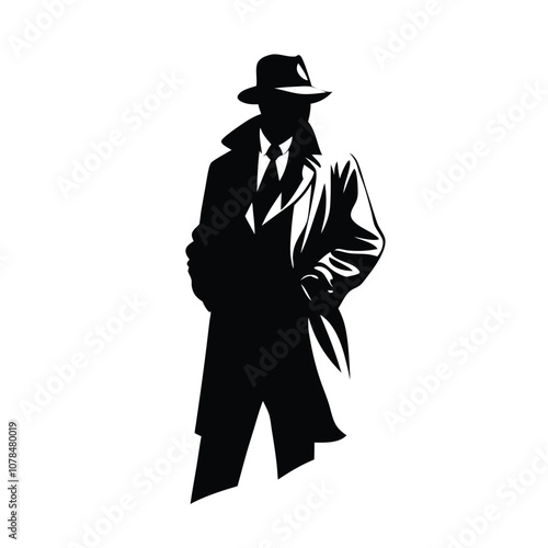 A man in a black coat and hat. He is wearing a tie. He is standing in front of a white background