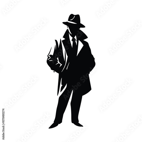 A man in a black coat and hat. He is wearing a tie. He is standing in front of a white background