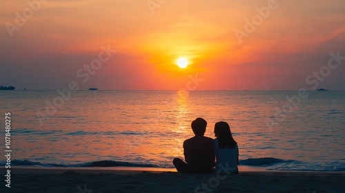 A couple sits on a beach, holding hands and watching the sunset.