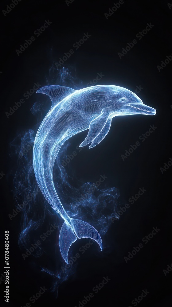 A translucent blue dolphin leaps through the air, its form resembling smoke or energy, against a black background. A translucent blue dolphin leaps through the air, its form resembling smoke or energy, against a black background.