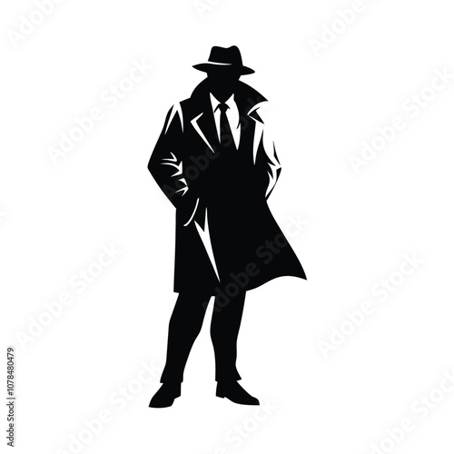 A man in a black coat and hat. He is wearing a tie. He is standing in front of a white background
