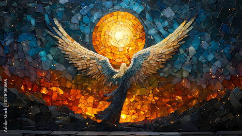 An angel in the night sky in a brightly colored mosaic
