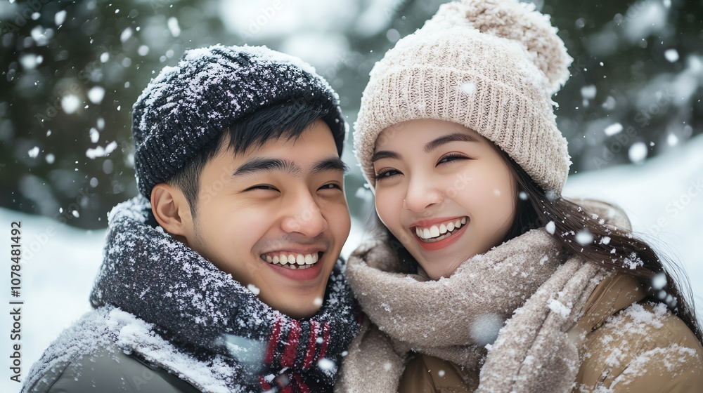 A young couple smiles for the camera while bundled up in winter clothes. A young couple smiles for the camera while bundled up in winter clothes.