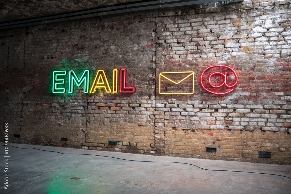 Naklejka premium Colorful Neon Emails Illuminating a Brick Wall, Representing Modern Communication and Digital Connectivity in a Minimalist Style