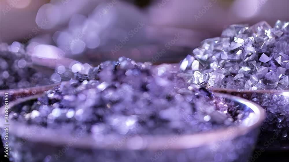 A close-up of shiny, dark purple crystalline substances in shallow bowls, likely depicting minerals or geological specimens. A close-up of shiny, dark purple crystalline substances in shallow bowls, likely depicting minerals or geological specimens.