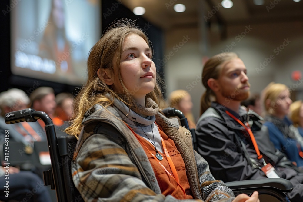 Attendees engage in a conference session, showing a range of expressions while absorbing the presentation content, with some individuals using wheelchairs for mobility Attendees engage in a conference session, showing a range of expressions while absorbing the presentation content, with some individuals using wheelchairs for mobility