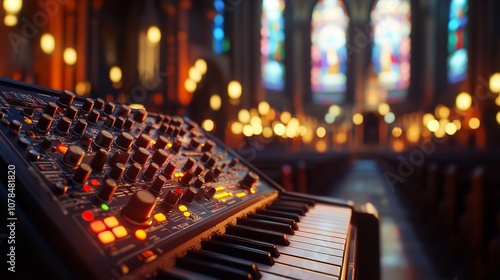 Close-up photo of a synthesizer keyboard in a warmly lit music studio, surrounded by various musical instruments and equipment