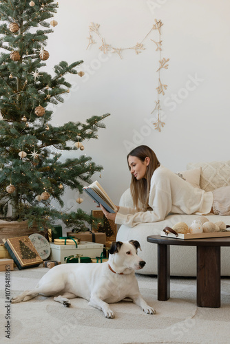 Bright and neutral arrangement of a living room with Christmas decorations. A young woman lies on the sofa by the Christmas tree and reads a book. Her pet dog accompanies her. Christmas is coming. 