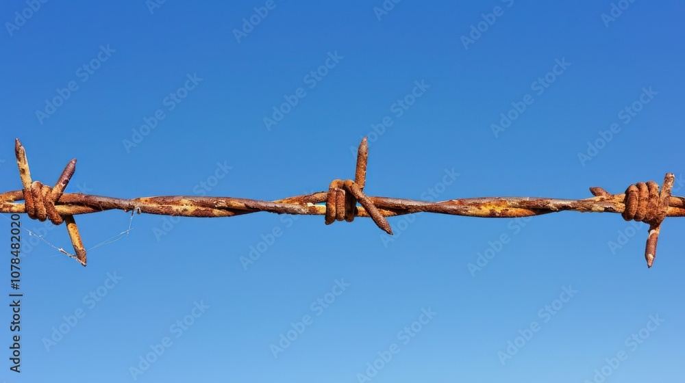 rusty barbed wire against a bright blue sky background. rusty barbed wire against a bright blue sky background.