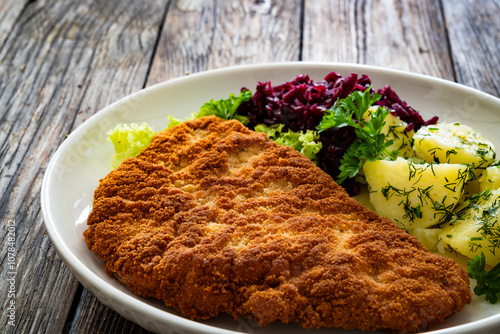 Crispy breaded fried pork chop, boiled potatoes and red cabbage served on white plate on wooden table
