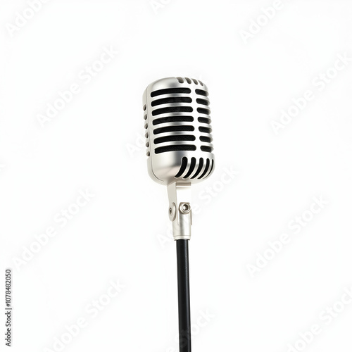 A photostock of a vintage microphone on a stand, isolated on white background, High Quality