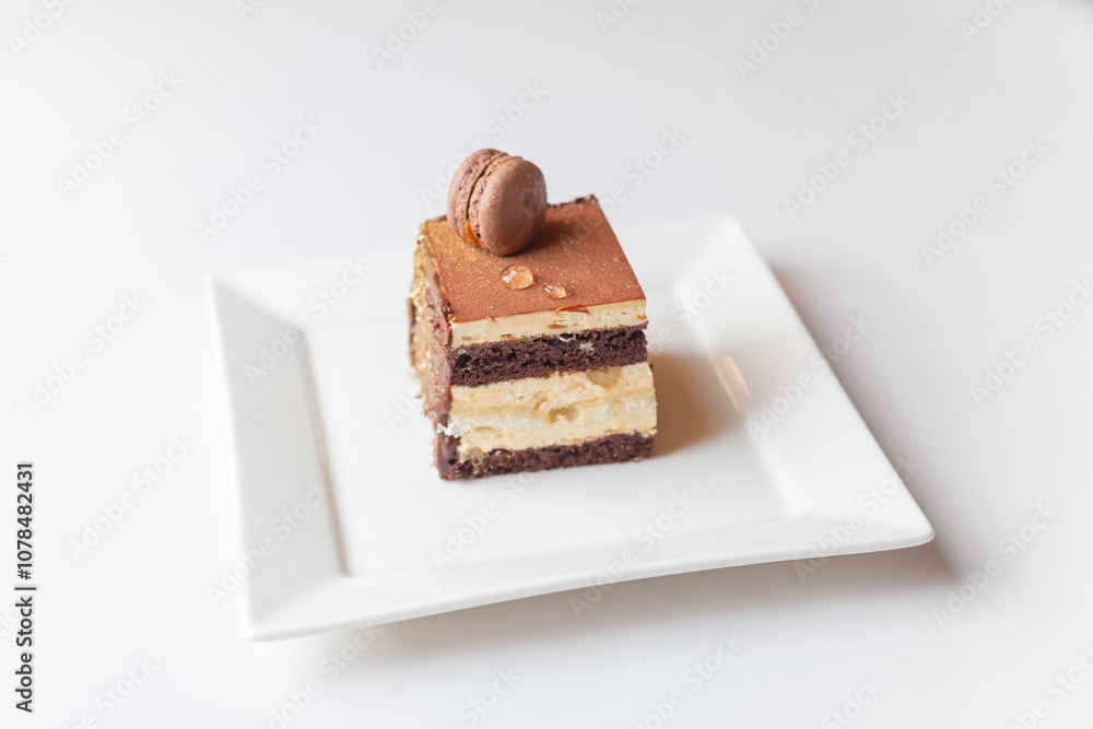 Plate with slice of tasty homemade chocolate cake on white background Plate with slice of tasty homemade chocolate cake on white background
