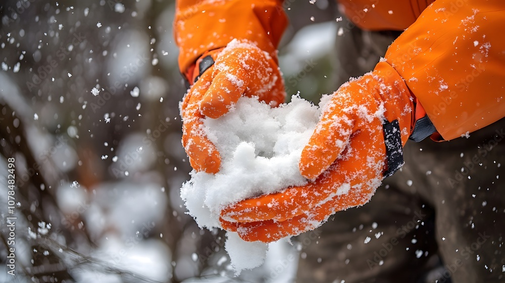 Hands in Orange Gloves Holding Snowball in Winter Hands in Orange Gloves Holding Snowball in Winter