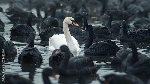 Fototapeta Naklejka Na Ścianę i Meble -  White swan among black, different unique special leader identity, crowd leadership