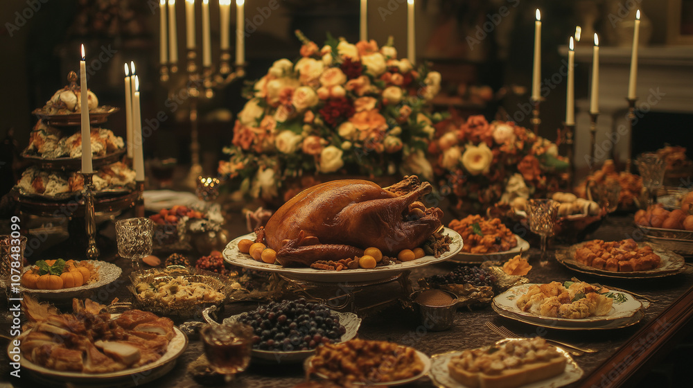 elegant thanksgiving dinner spread with roasted turkey and candlelight elegant thanksgiving dinner spread with roasted turkey and candlelight