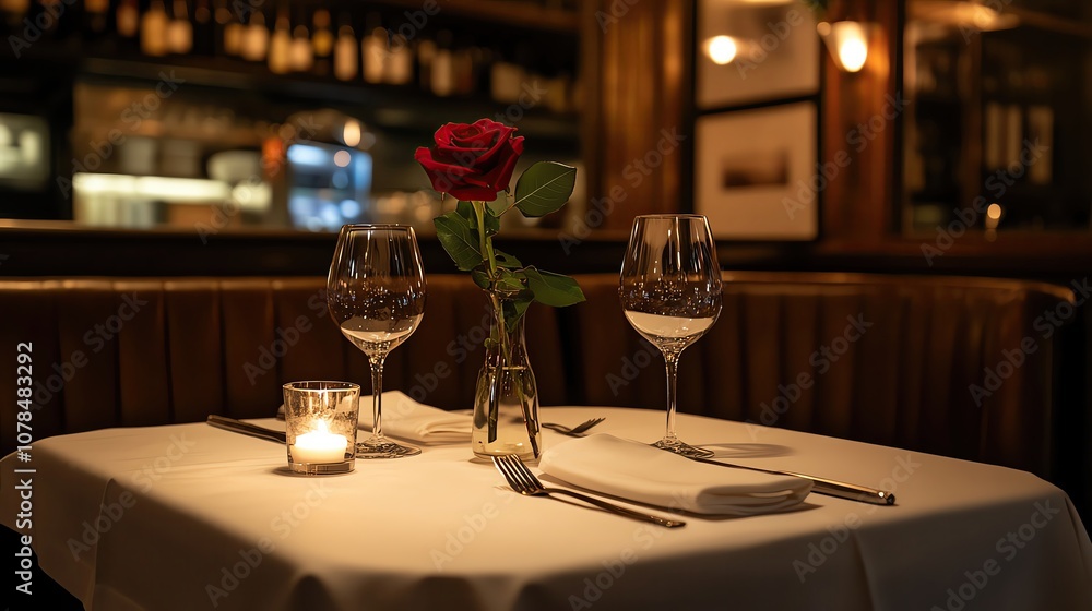 restaurant table decorated with red roses nd candles Elegant table setting in a cozy restaurant. restaurant table decorated with red roses nd candles Elegant table setting in a cozy restaurant.