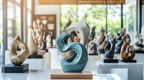 Modern ceramic sculptures on display in a gallery.