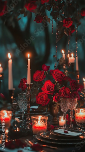 restaurant table decorated with red roses nd candles Romantic dining with roses and candles. photo