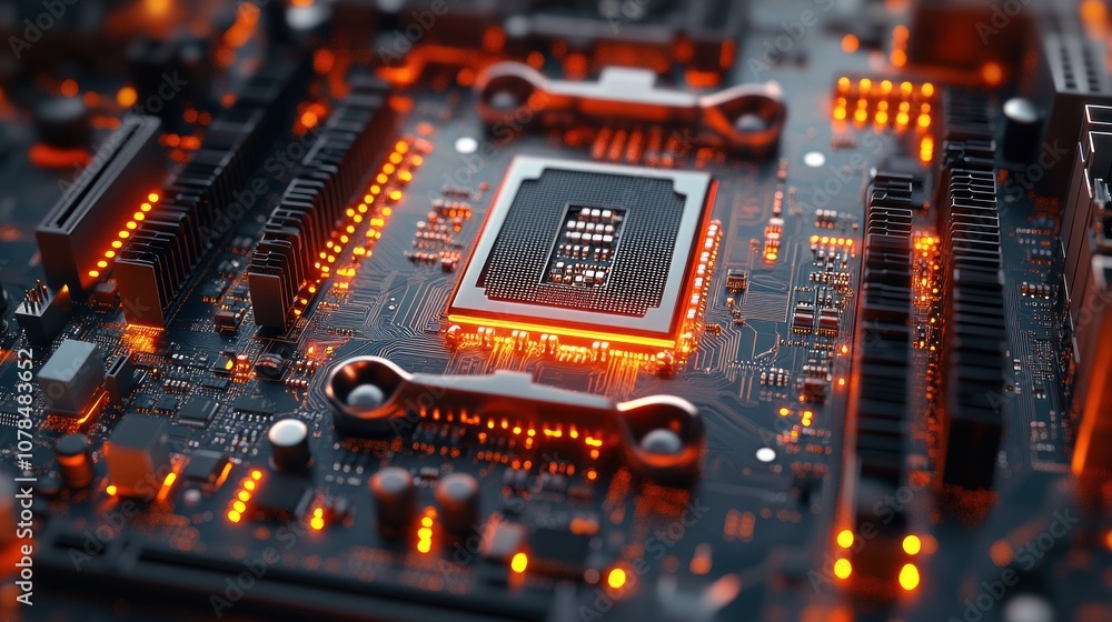 Close-up of a circuit board with glowing components. Close-up of a circuit board with glowing components.