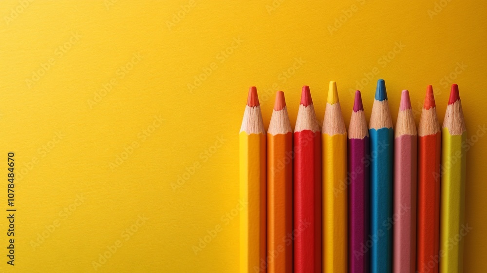 A row of colorful pencils on a bright yellow background with copy space.