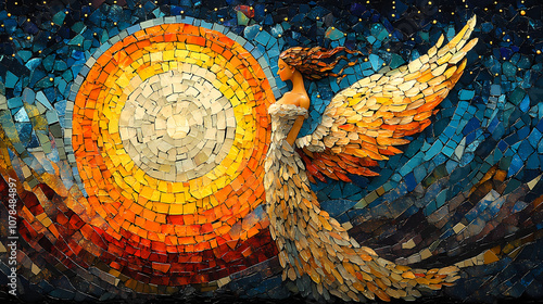 An angel in the night sky in a brightly colored mosaic