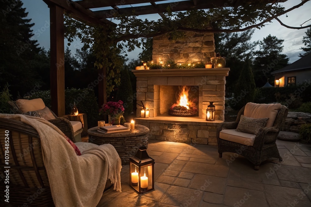 Cozy Evening by the Fire: A Warm Fireplace on a Patio Surrounded by Flickering Candlelight and Soft Shadows in a Serene Low Light Setting for Relaxation and Comfort Cozy Evening by the Fire: A Warm Fireplace on a Patio Surrounded by Flickering Candlelight and Soft Shadows in a Serene Low Light Setting for Relaxation and Comfort