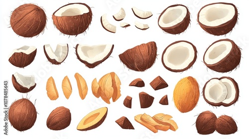 A set of coconuts, including whole coconuts, halves, and slices, isolated on a white background.