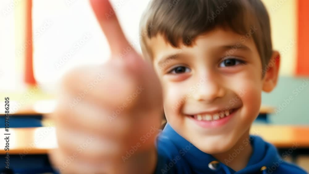 Child's joyful thumbsup in classroom expresses confidence and happiness Child's joyful thumbsup in classroom expresses confidence and happiness