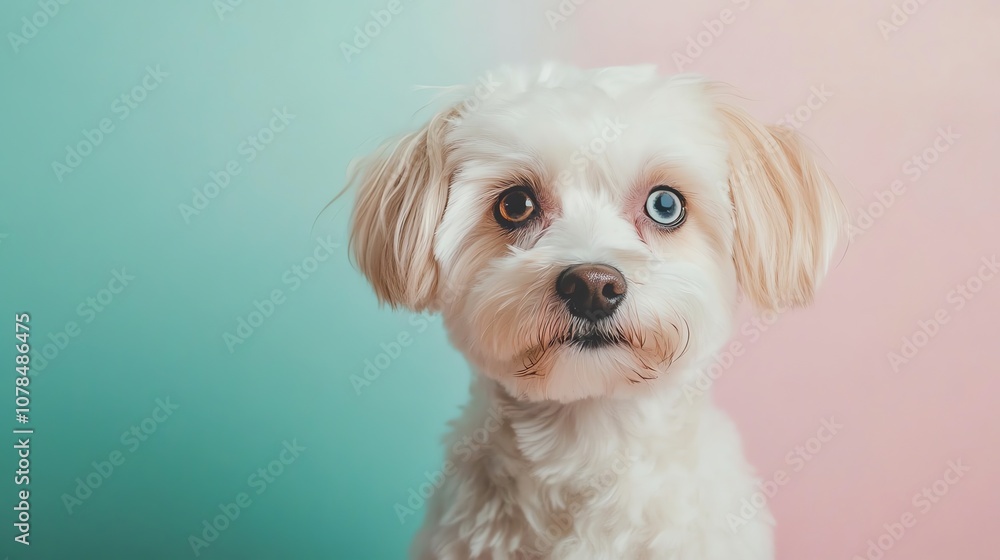 A white dog with heterochromia, one brown eye and one blue eye, looks at the camera. A white dog with heterochromia, one brown eye and one blue eye, looks at the camera.
