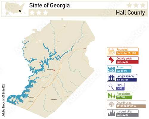 Detailed infographic and map of Hall County in Georgia USA.