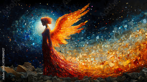 An angel in the night sky in a brightly colored mosaic