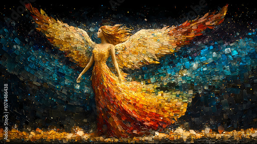 An angel in the night sky in a brightly colored mosaic