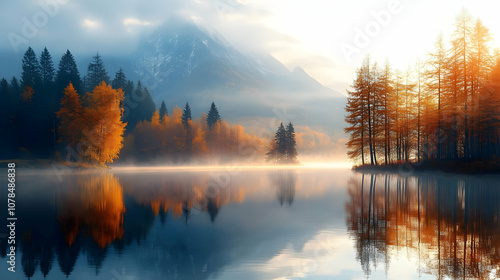 Autumn Landscape with Foggy Lake and Mountain Reflection