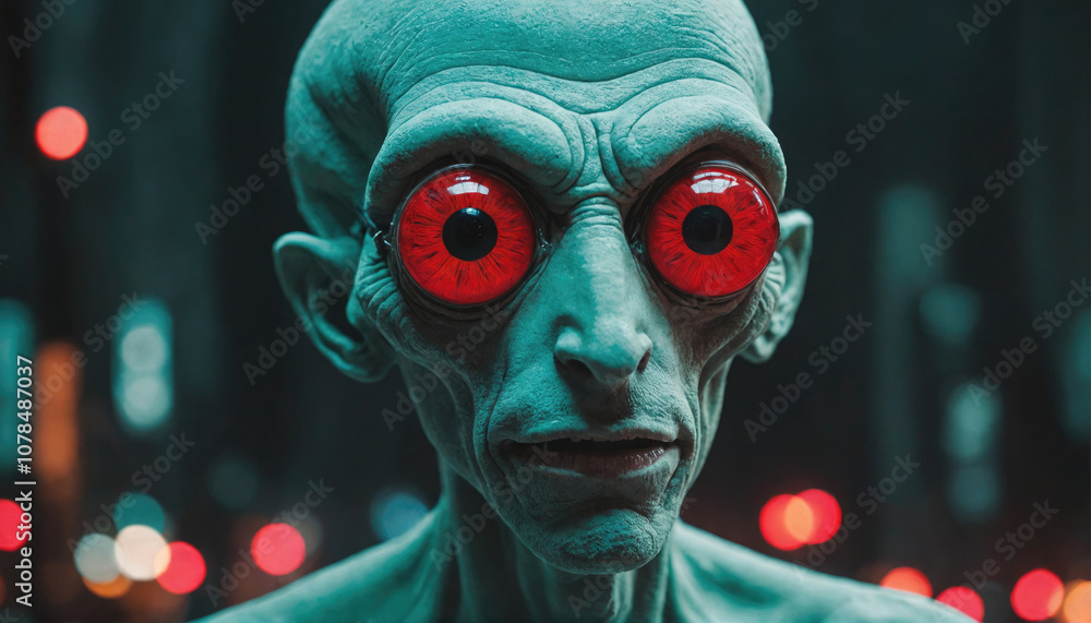 A close-up portrait of an alien with red eyes in a city at night A close-up portrait of an alien with red eyes in a city at night