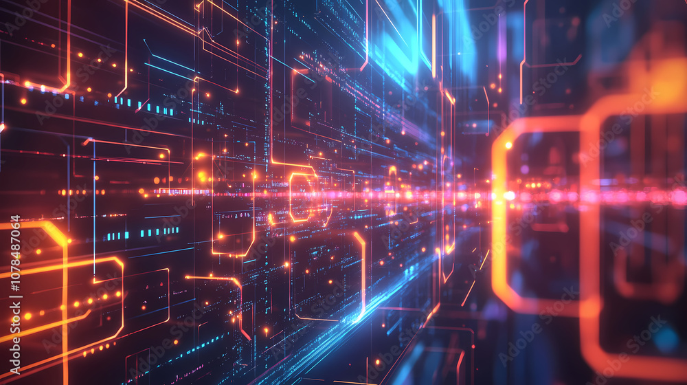 Fototapeta premium Futuristic hexagonal pattern filled with thin lines interconnecting glowing hexagons. In this background, hexagons represent digital interfaces or tech systems.