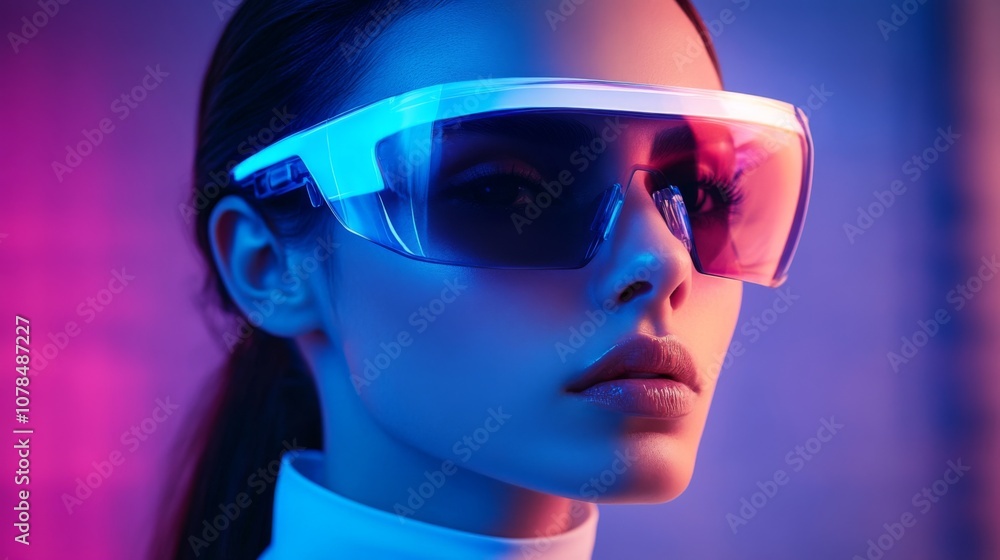 Portrait of woman with reflective sunglasses and neon lights Portrait of woman with reflective sunglasses and neon lights
