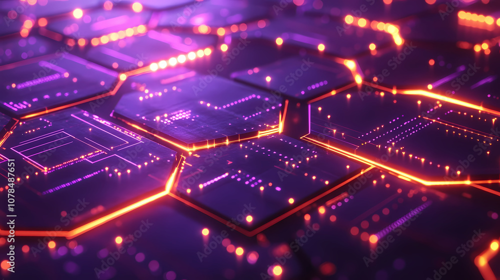 Fototapeta premium Futuristic hexagonal pattern filled with thin lines interconnecting glowing hexagons. In this background, hexagons represent digital interfaces or tech systems.