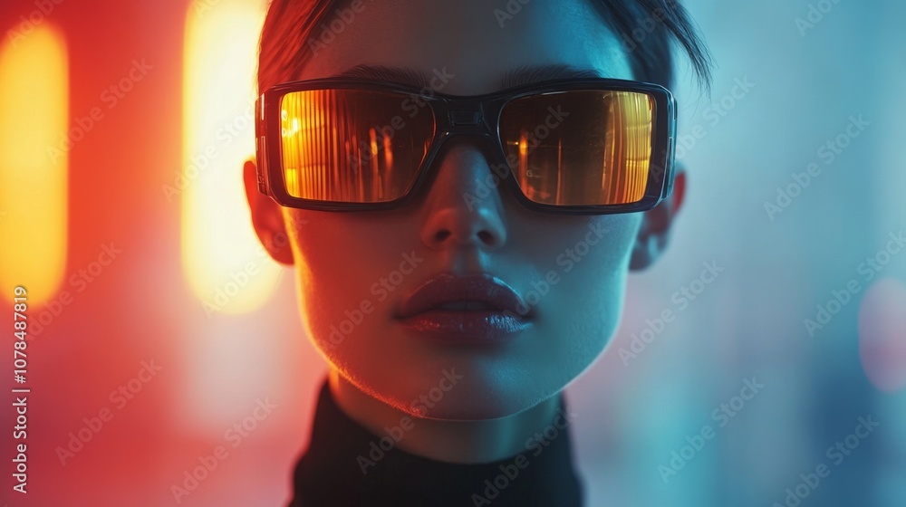 Stylish woman in blue and yellow neon lighting with sunglasses Stylish woman in blue and yellow neon lighting with sunglasses