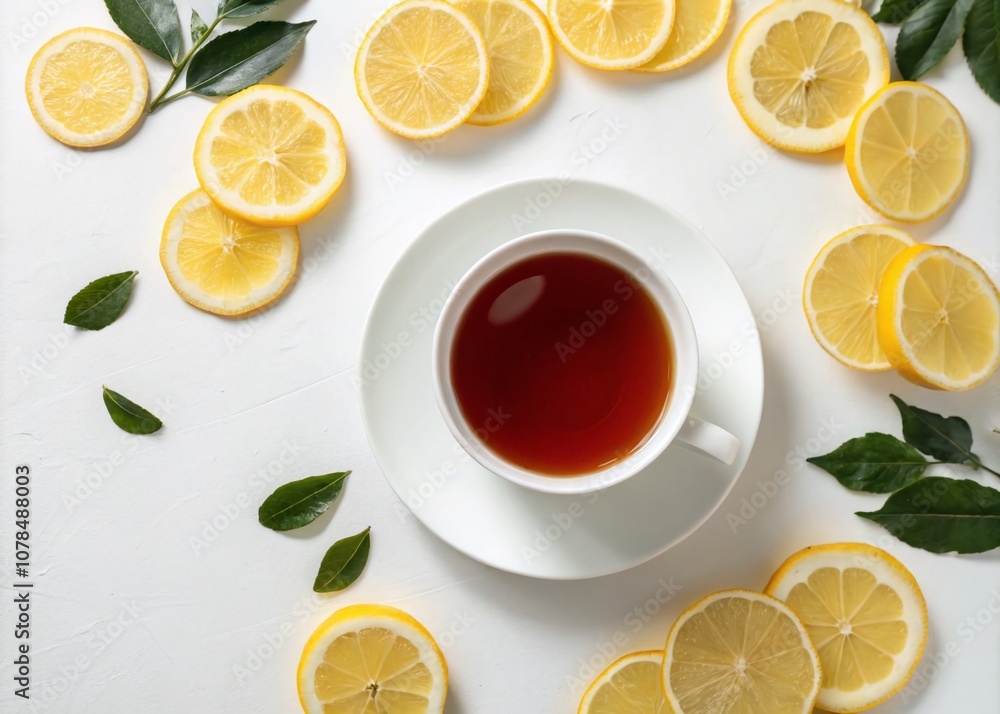 Creative Layout of a Cup of Black Tea with Lemon on a White Background for Stylish Beverage Photography Creative Layout of a Cup of Black Tea with Lemon on a White Background for Stylish Beverage Photography