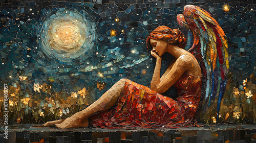 An angel in the night sky in a brightly colored mosaic